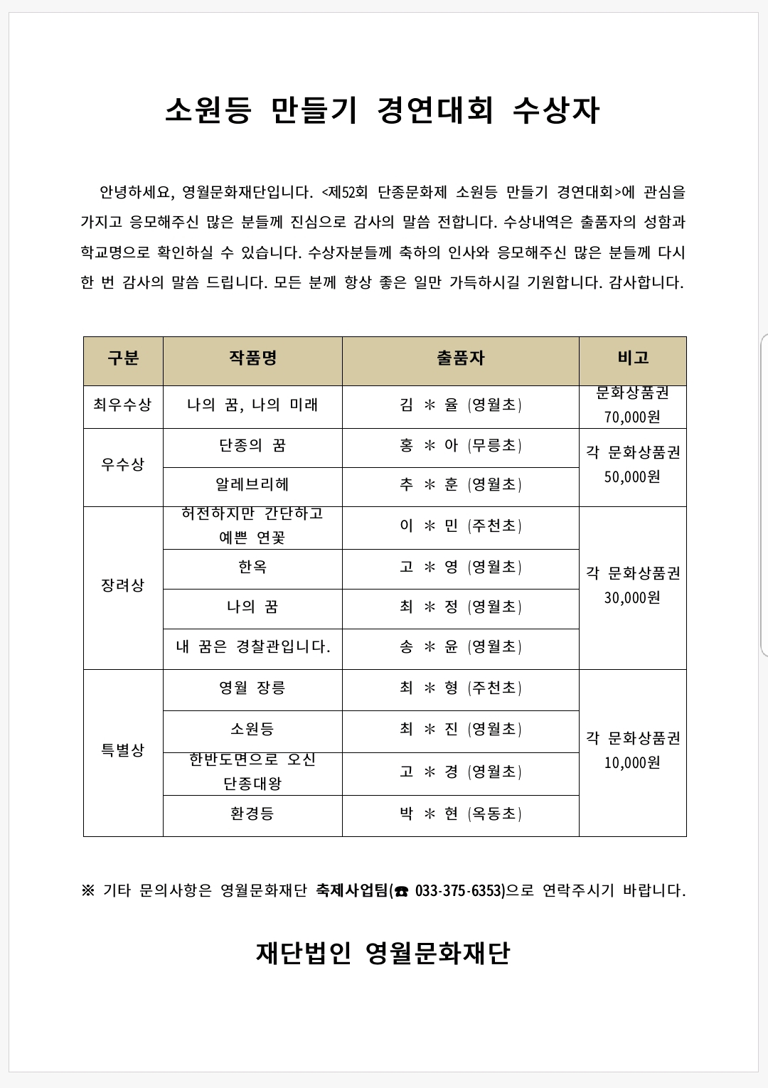 [제52회 단종문화제] 소원등 만들기 경연대회 입상자 발표