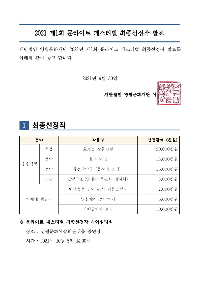 [공고]2021년 제1회 문라이트 패스티벌 최종합격자 발표