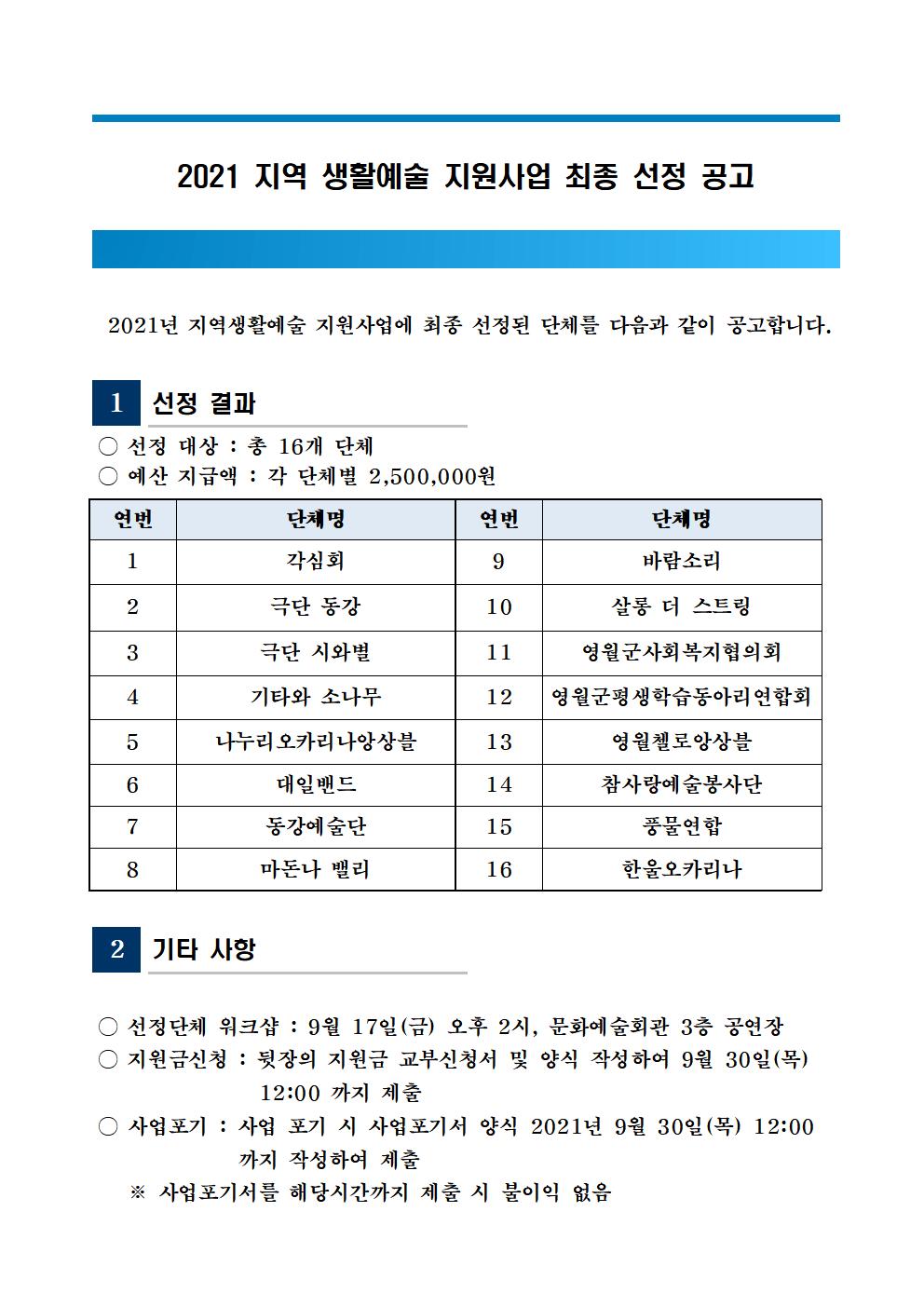 [2021 지역 생활예술 지원사업 ] 최종 선정 공고